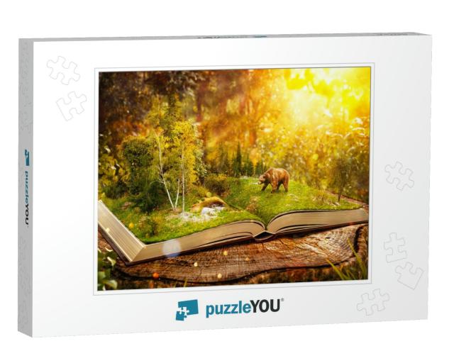 Opened Book with Wild Forest & Bear on Pages. Endangered-... Jigsaw Puzzle