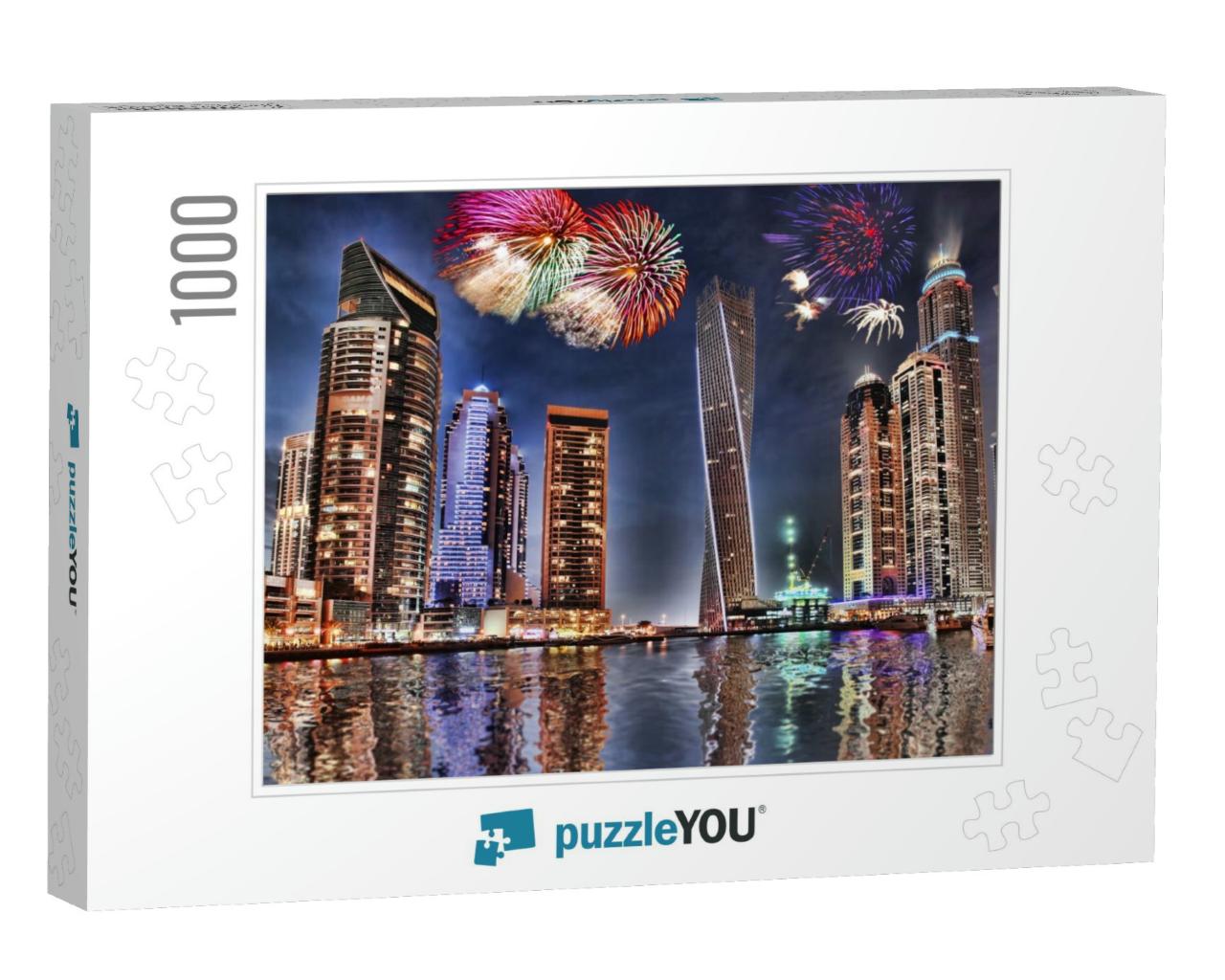 New Year Fireworks Display in Dubai Marina, Uae... Jigsaw Puzzle with 1000 pieces