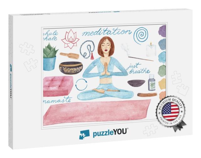 Meditation Space Set. Watercolor Hand Drawn Yoga E... Jigsaw Puzzle