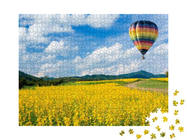 Spring Blossom Background. Hot Air Balloon Over Yellow Fl... Jigsaw Puzzle with 1000 pieces