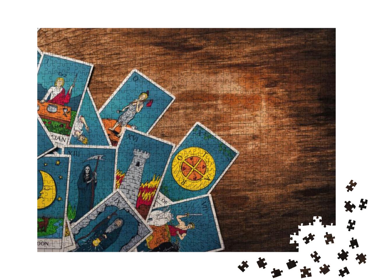Assortment of Tarot Inspired Cards on a Wooden Bac... Jigsaw Puzzle with 1000 pieces
