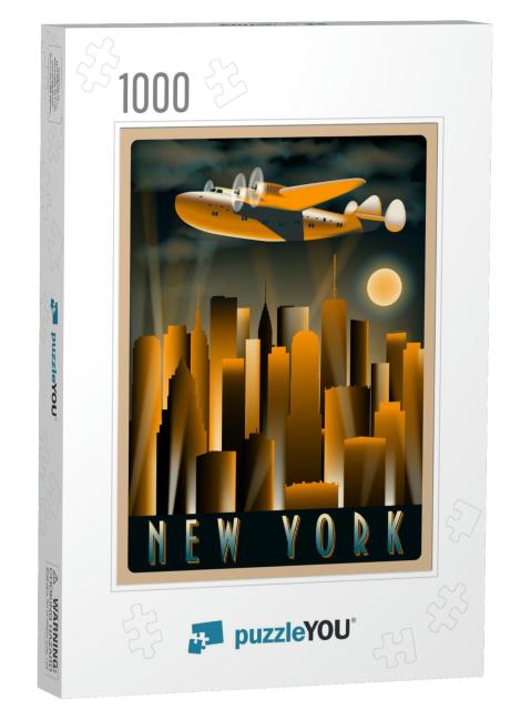 Airplane in the Sky Over New York At Night. Handmade Draw... Jigsaw Puzzle with 1000 pieces