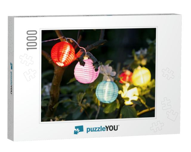 Colorful Lampions Lanterns Up a Tree At Night in the Gard... Jigsaw Puzzle with 1000 pieces