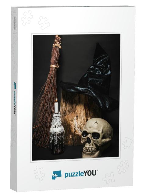 Broom Near Skull & Wooden Stump with Witch Hat O... Jigsaw Puzzle