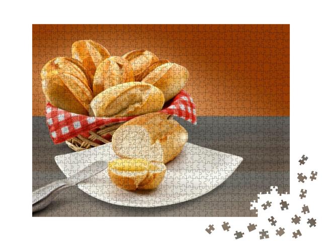 Basket of Bread & Bread with Butter on Table Background... Jigsaw Puzzle with 1000 pieces