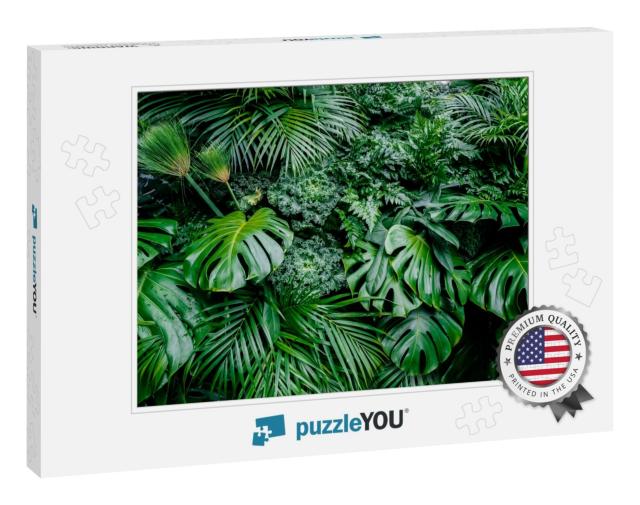Tropical Green Leaves Background, Fern, Palm & Monstera D... Jigsaw Puzzle