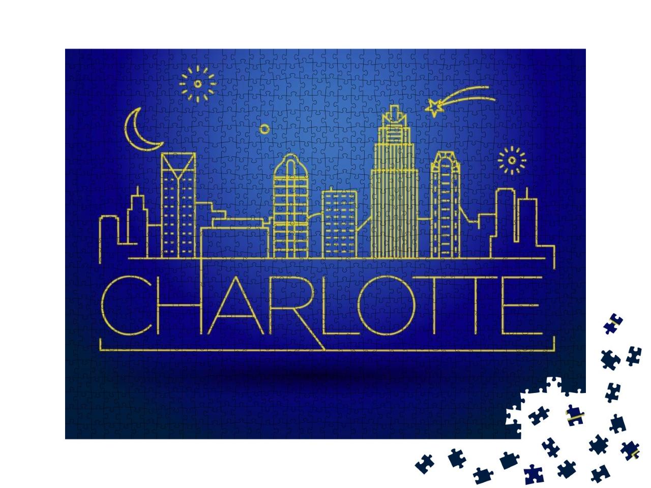 Minimal Charlotte Linear City Skyline with Typographic De... Jigsaw Puzzle with 1000 pieces