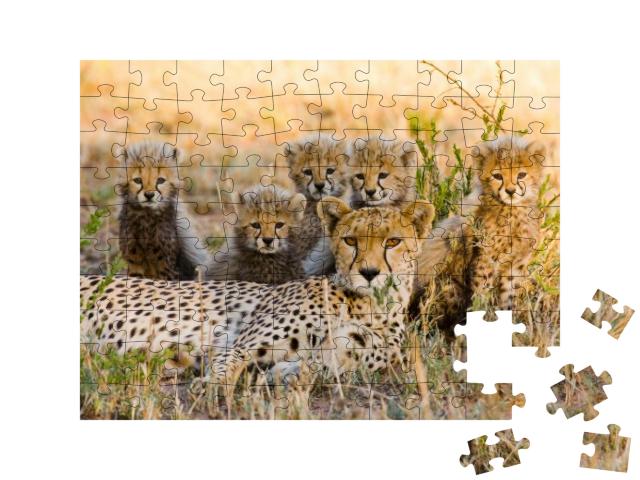 Mother Cheetah & Her Cubs in the Savannah. Kenya. Tanzani... Jigsaw Puzzle with 100 pieces