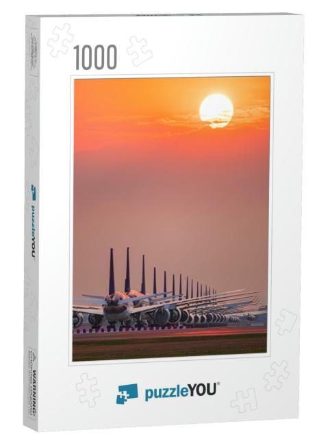 Aircraft Parking At Airport Runway At Sunset... Jigsaw Puzzle with 1000 pieces