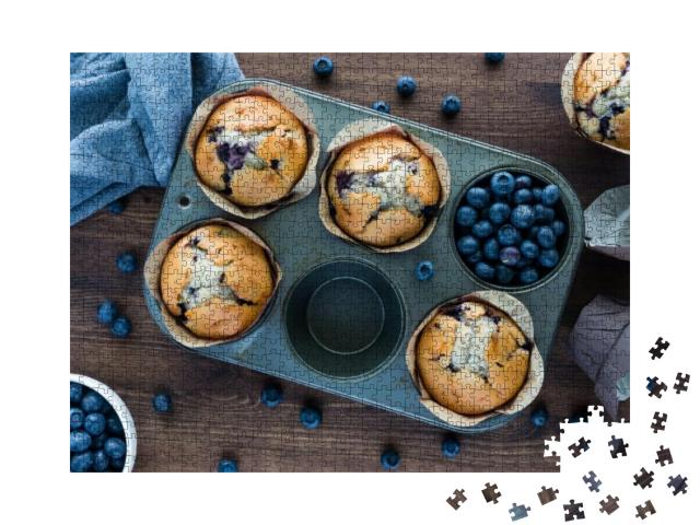 Blueberry Muffins in a Muffin Tin. Baked Goods Concept... Jigsaw Puzzle with 1000 pieces
