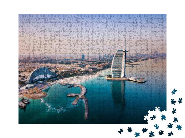 Burj Al Arab Luxury Hotel & Dubai Marina Skyline in the B... Jigsaw Puzzle with 1000 pieces