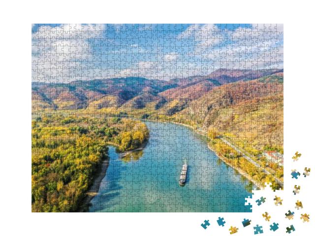 Panorama of Wachau Valley with Ship on Danube River Durin... Jigsaw Puzzle with 1000 pieces