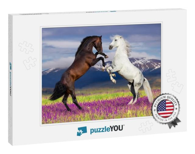 Two Horse Rearing Up Against Mountain View in Flower Fiel... Jigsaw Puzzle