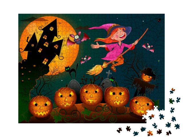Night on Halloween. a Little Witch Flies on a Broo... Jigsaw Puzzle with 1000 pieces