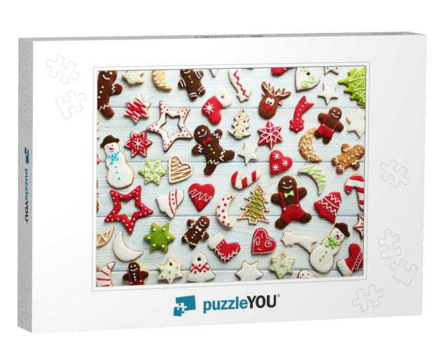 Christmas Cookies on a Blue Wooden Table... Jigsaw Puzzle