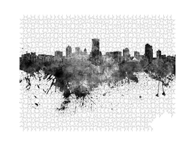 Milwaukee Skyline in Black Watercolor... Jigsaw Puzzle with 1000 pieces