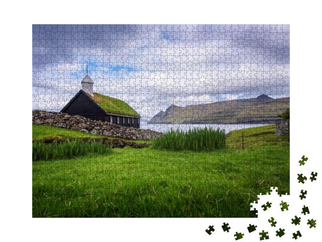 Small Black Wooden Church in the Village of Funningur Sit... Jigsaw Puzzle with 1000 pieces