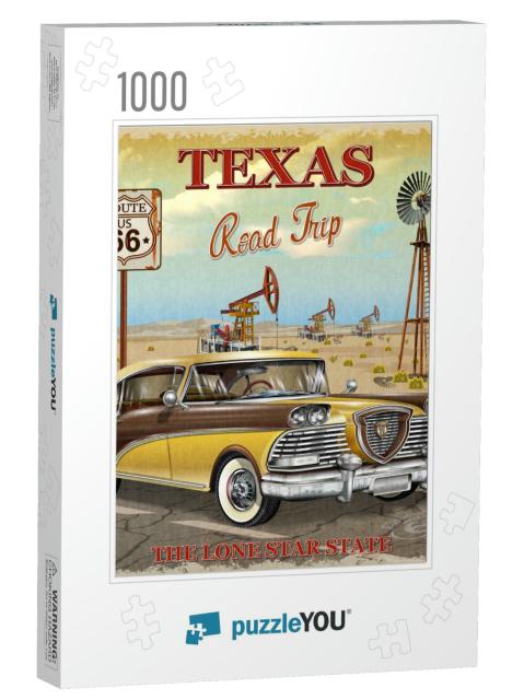 Vintage Texas Road Trip Poster... Jigsaw Puzzle with 1000 pieces