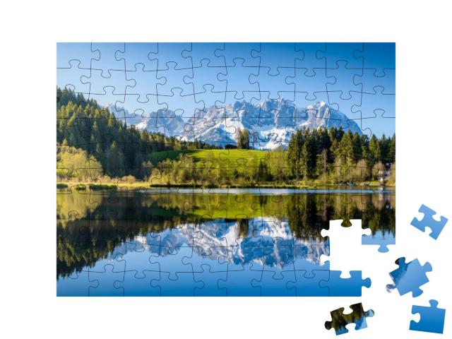 Idyllic Alpine Scenery, Snowy Mountains Mirroring in a Sm... Jigsaw Puzzle with 100 pieces