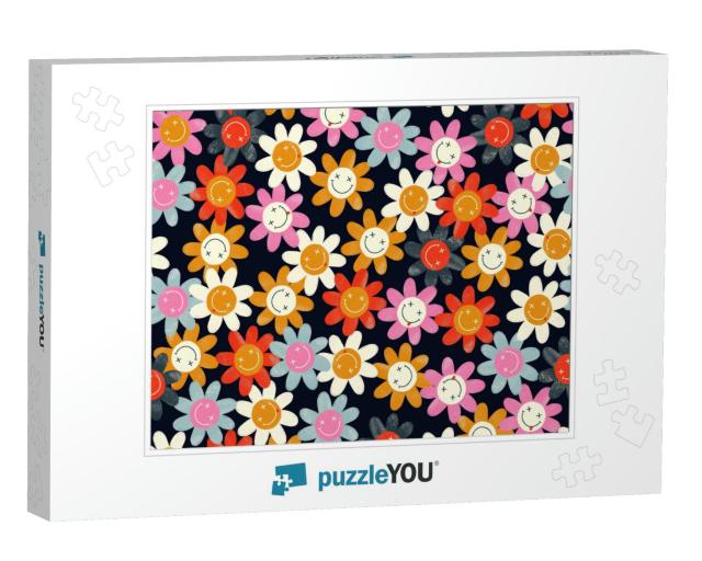 Pattern with Cheerful Colorful Flowers on Black. Crossed... Jigsaw Puzzle