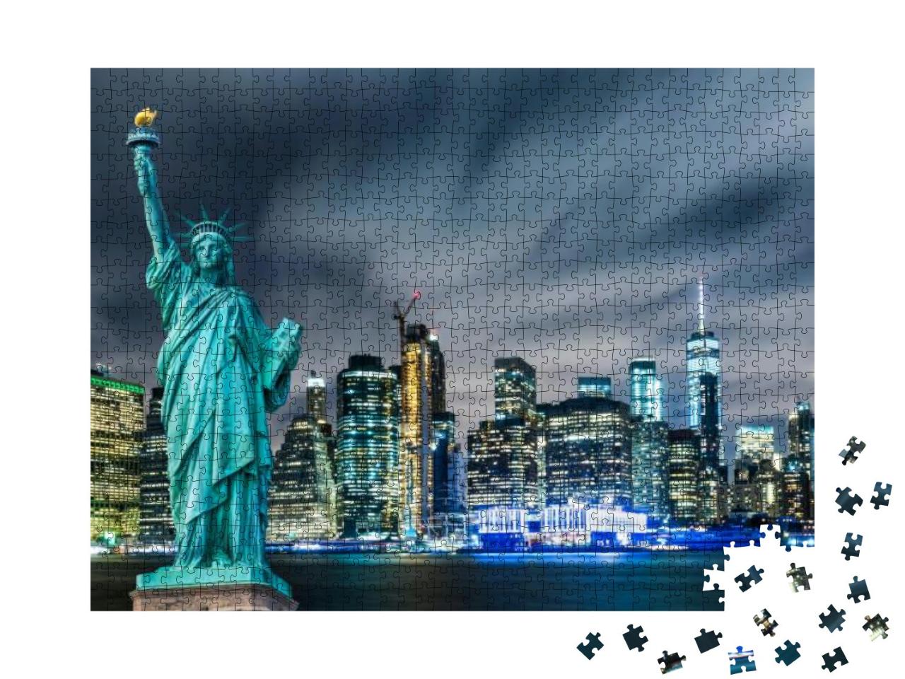 Manhattan Panoramic Skyline At Night. Statue of Liberty w... Jigsaw Puzzle with 1000 pieces
