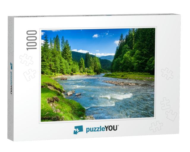Landscape with Mountains, Forest & a River in Front. Beau... Jigsaw Puzzle with 1000 pieces