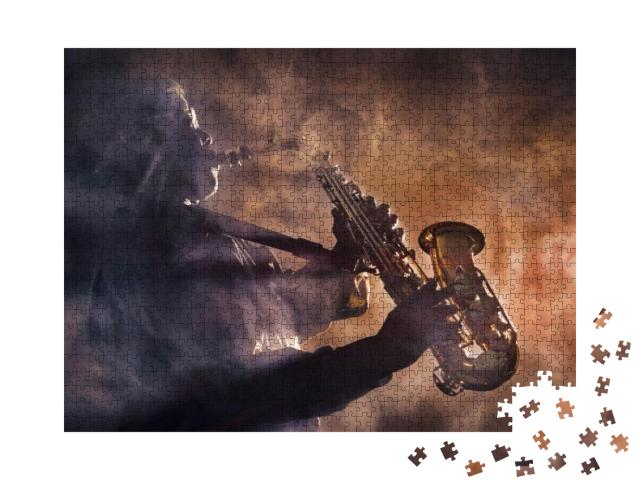 African Jazz Musician Playing the Saxophone. Orange Color... Jigsaw Puzzle with 1000 pieces