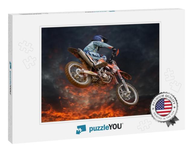 Jumping Motocross Rider with Firestorm in the Background... Jigsaw Puzzle