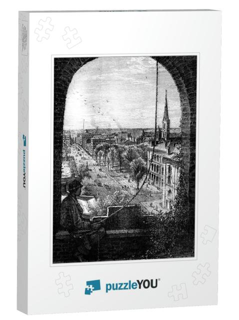 View of Cleveland, Vintage Engraved Illustration. Journal... Jigsaw Puzzle