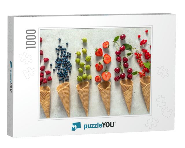 Ice Cream Cones with Fruit, Flat Lay, Top View... Jigsaw Puzzle with 1000 pieces