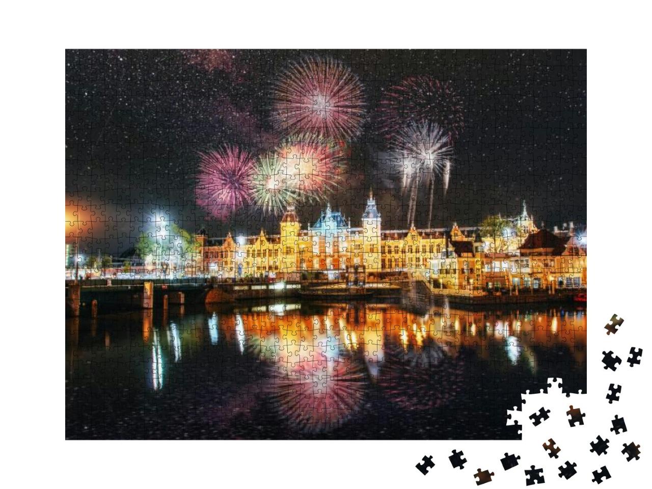 Beautiful Calm Night View of Amsterdam City. Colorful Fir... Jigsaw Puzzle with 1000 pieces