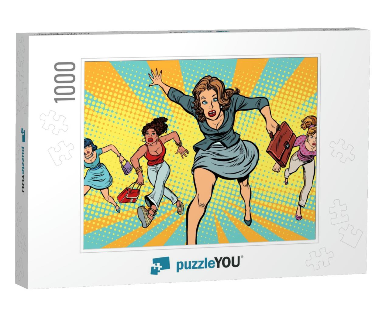 Women Running in Panic for Sale. Pop Art Retro Vector Ill... Jigsaw Puzzle with 1000 pieces