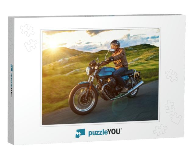 Moto Racer Riding on Forest Road During Sunset, Blurred M... Jigsaw Puzzle