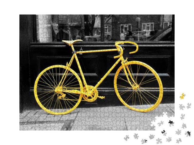 B&W Photo of Old Yellow Bike on the Window of the Coffee... Jigsaw Puzzle with 1000 pieces