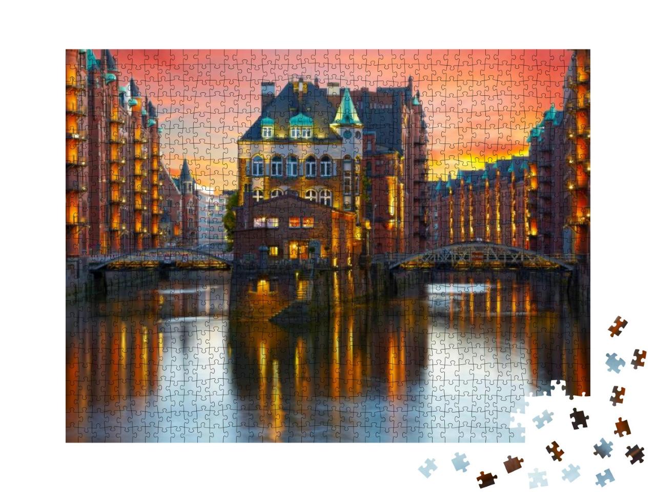 Old Speicherstadt in Hamburg Illuminated At Night. Sunset... Jigsaw Puzzle with 1000 pieces