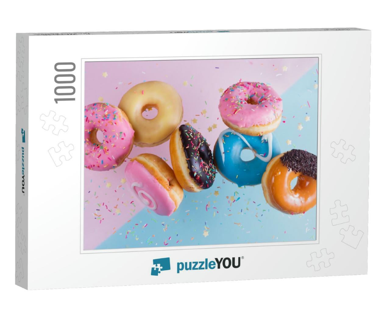 Flying Doughnuts on Blue & Pink Background... Jigsaw Puzzle with 1000 pieces