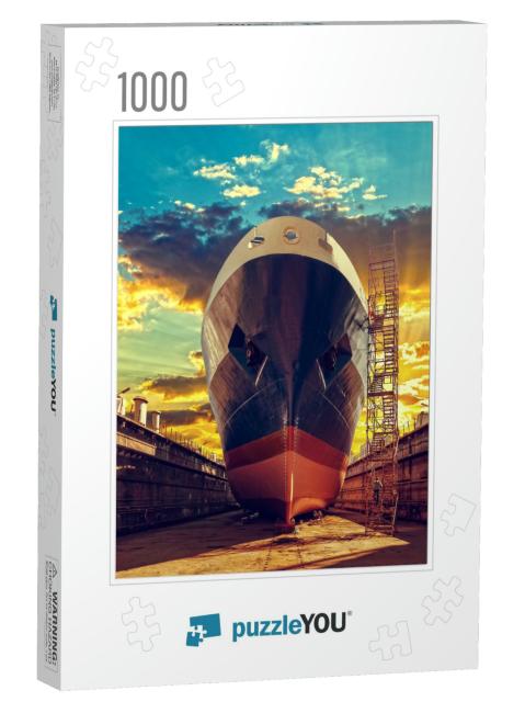 Ship in Dry Dock At Sunrise - Shipyard in Gdansk, Poland... Jigsaw Puzzle with 1000 pieces