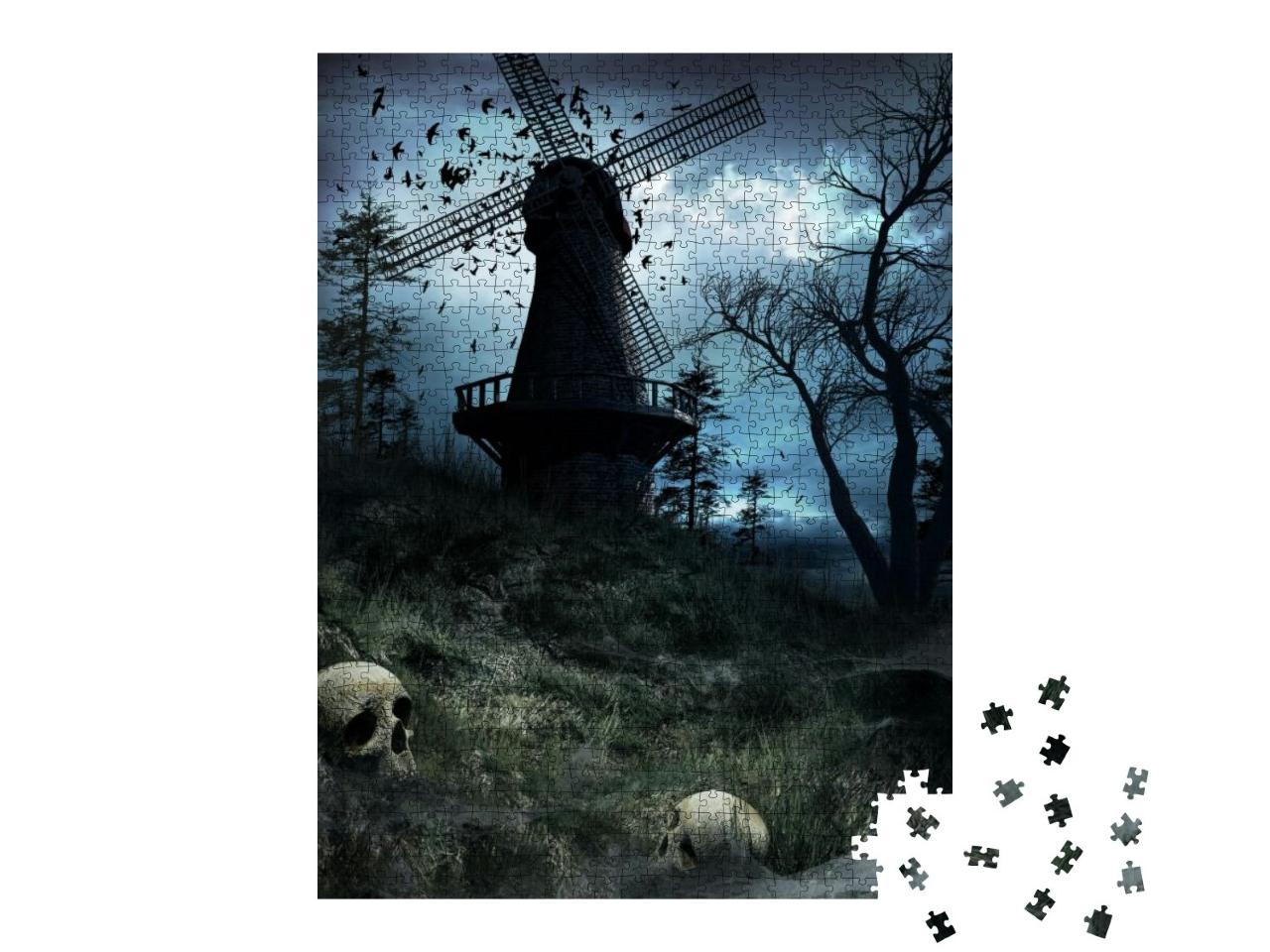 Gothic Scenery with Huge Windmill, Birds & Skulls. 3D Ill... Jigsaw Puzzle with 1000 pieces