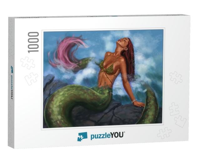 Mythical Creature - Mermaid Sun Bathing on the Rocks Enjo... Jigsaw Puzzle with 1000 pieces