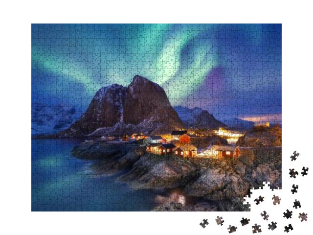 Aurora Borealis on the Lofoten Islands, Norway. Green Nor... Jigsaw Puzzle with 1000 pieces
