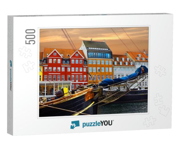 Copenhagen, Denmark. Yacht & Color Houses in Seafront Nyh... Jigsaw Puzzle with 500 pieces