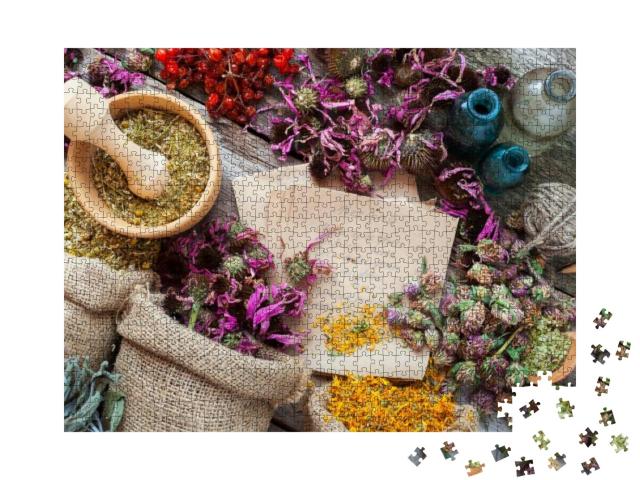 Healing Herbs in Hessian Bags, Wooden Mortar, Bottles wit... Jigsaw Puzzle with 1000 pieces
