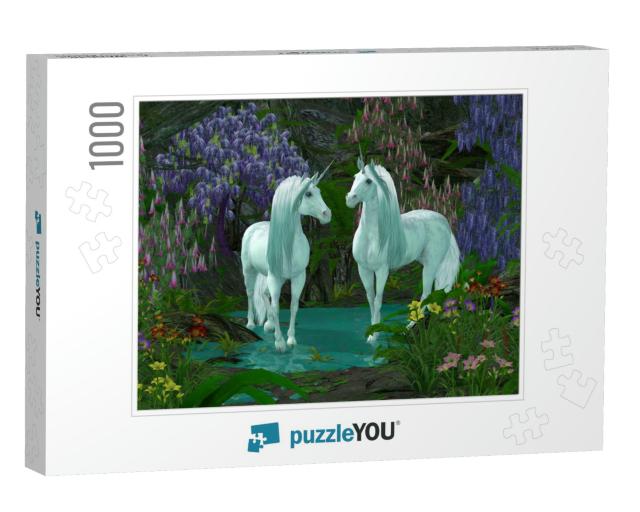 Two Unicorns in Forest 3D Illustration - a Mare & Stallio... Jigsaw Puzzle with 1000 pieces