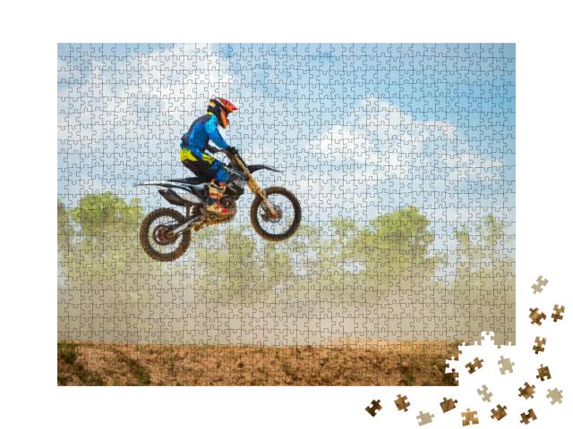 Motocross Rider Jump in a Blue Sky with Clouds. Enduro Bi... Jigsaw Puzzle with 1000 pieces