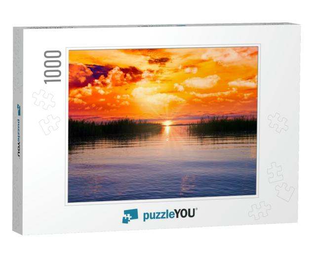 Dramatic Late Sunset Over the Lake Chiemsee in Bavaria, G... Jigsaw Puzzle with 1000 pieces