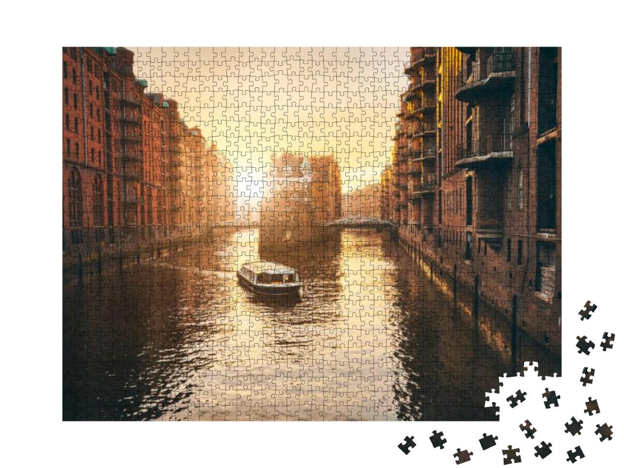 Hamburg Warehouse District in Golden Hour Sunset Lit. Wat... Jigsaw Puzzle with 1000 pieces