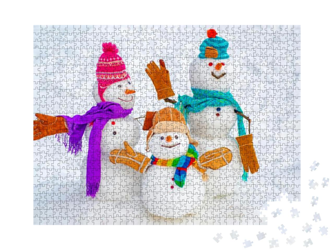 Happy Snowman Family. Snowman Family with Christmas Gift... Jigsaw Puzzle with 1000 pieces