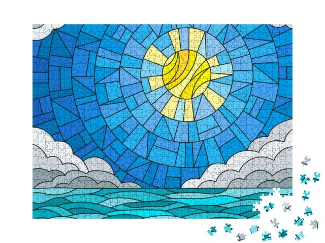 Illustration in Stained Glass Style with Sea Landscape, S... Jigsaw Puzzle with 1000 pieces