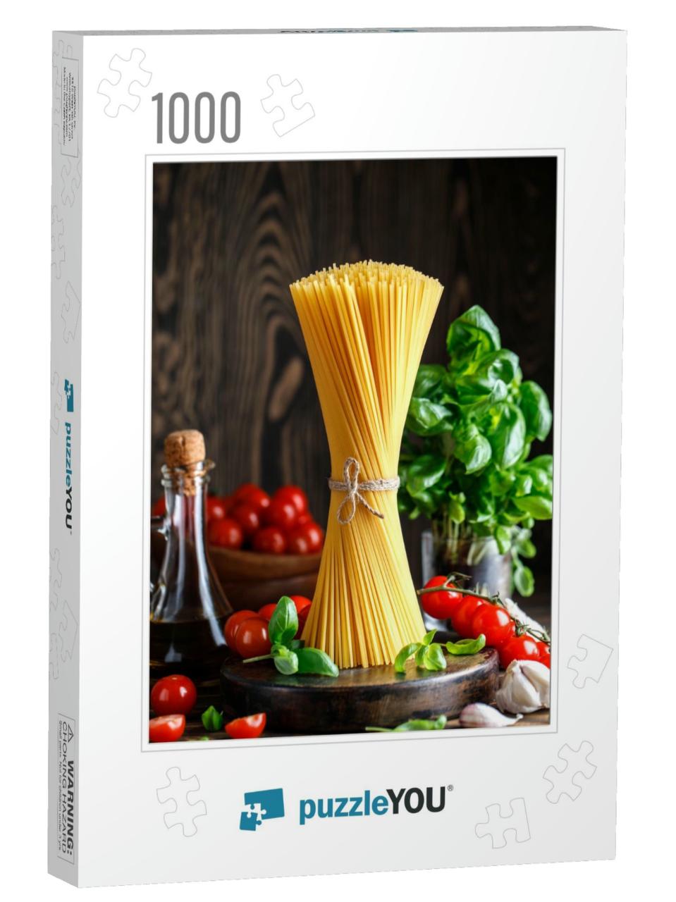 Raw Spaghetti on Rustic Background. Ingredients for Pasta... Jigsaw Puzzle with 1000 pieces