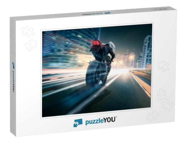 Motorcycle Drives Through a City At Night... Jigsaw Puzzle